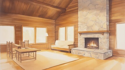 Poster - Cozy wooden interior with a stone fireplace and large windows for natural light.