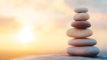Leinwandbilder - Serene stacked stones at sunset representing balance harmony and tranquility in nature : Generative AI