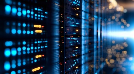 Poster - Close up view of modern data center servers with glowing lights and cables in a high tech environment : Generative AI
