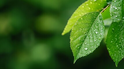 Aufkleber - Close up of water droplets on vibrant green leaves showcasing nature's beauty and freshness : Generative AI