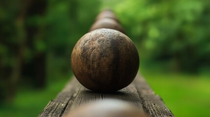 Poster - Wooden balls aligned on a weathered plank with lush green foliage in the background : Generative AI