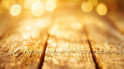 Poster - Glistening Wooden Surface with a Warm Golden Glow and Soft Bokeh Background Effects : Generative AI