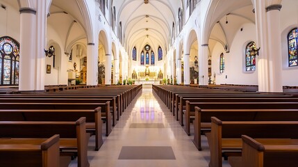 Poster - Interior view of a beautiful church showcasing wooden pews and stunning stained glass windows : Generative AI