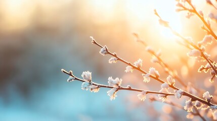 Poster - Delicate frostcovered branches sparkling in the sunlight during a tranquil winter morning : Generative AI
