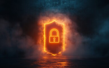 Leinwandbilder - Safety and information privacy concept with a digital padlock in a shield, surrounded by virtual fog and dark abstract background, 3D rendering with space for advertising text