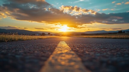 Aufkleber - Stunning sunset view over a tranquil road with vibrant clouds and a golden horizon : Generative AI