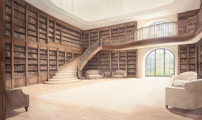 Poster - A spacious library featuring wooden bookshelves and a grand staircase.