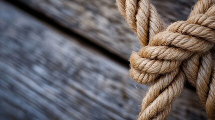 Aufkleber - Closeup view of a beautifully tied natural rope knot against a rustic wooden backdrop : Generative AI