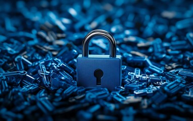 Leinwandbilder - 3D rendered concept of a digital close padlock surrounded by blue keys on a dark abstract background, symbolizing cyber security and the unlocking process