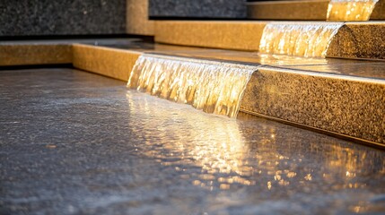 Poster - Closeup view of cascading water flowing over granite steps reflecting sunlight creating a calming natural ambiance : Generative AI