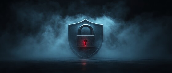 Leinwandbilder - 3D rendered digital padlock in a shield on a dark abstract background, representing information privacy and safety protection, with virtual fog and space for advertising text