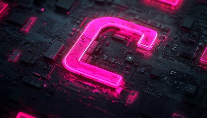 Fototapete - 3D rendered glowing chip circuit hologram on a dark background, representing CPU technology and metaverse concepts with neon light effects