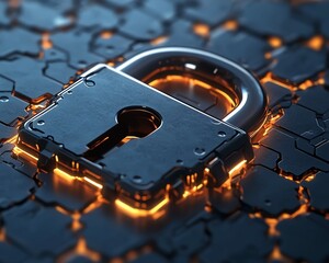 Poster - 3D rendered illuminated padlock on a textured blue background, symbolizing digital security and the power of AI in protecting data