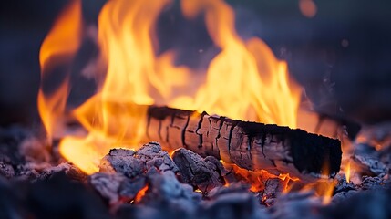 Aufkleber - Captivating close up of a blazing campfire with glowing embers and dynamic flames highlighting a wooden log : Generative AI