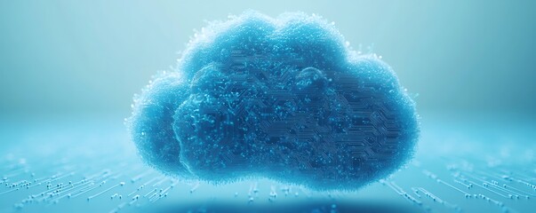 Fototapete - Blue cloud computing icon with a circuit pattern on a light blue background, symbolizing cloud services and digital infrastructure, 3D rendering