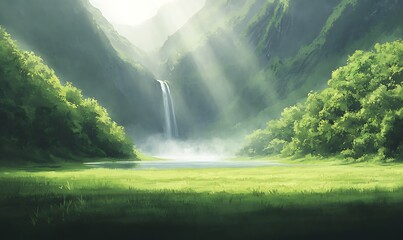Poster - Serene landscape with a waterfall amidst lush greenery and soft rays of sunlight.