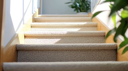 Poster - Brightly lit staircase with soft carpet leading to an inviting space in a modern home : Generative AI