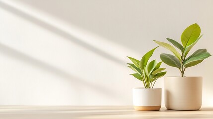 Fototapete - Elegant home decor with stylish potted plants on a sunlit wooden table : Generative AI