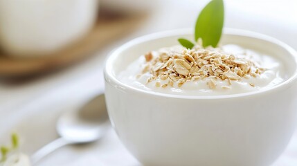 Aufkleber - Creamy yogurt topped with oats and a fresh leaf for a healthy breakfast option : Generative AI