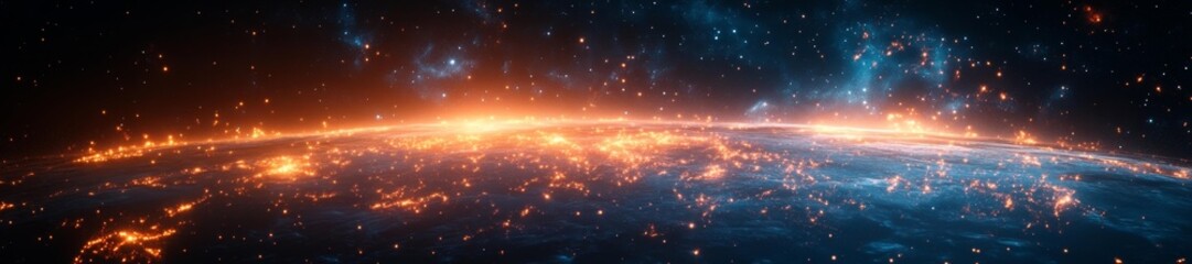 Wall Mural - Glowing horizon with intricate cosmic patterns and glowing city lights across Earth. Generative AI