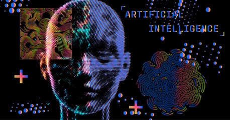 Aufkleber - The vector illustration features a pixelated human face with abstract shapes and neon colors on a black background, highlighting 