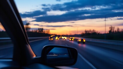 Aufkleber - Scenic view from inside a car with blurred traffic at sunset casting beautiful colors in the sky : Generative AI