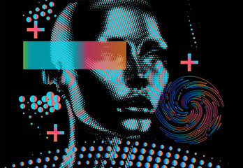 Aufkleber - This image is a digital artwork featuring an abstract human face with pixelated effects and vibrant colors. The design includes geometric shapes, dots, and a swirling pattern, creating a futuristic an