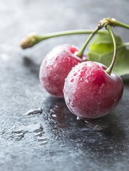 Poster - Fresh juicy cherries resting on a dark wooden surface glistening with water droplets ready for a delightful snack : Generative AI