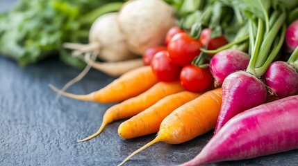 Poster - Fresh organic vegetables including carrots and tomatoes arranged on a slate background : Generative AI