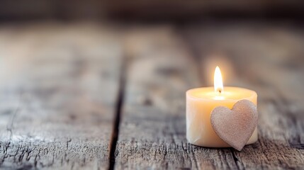 Aufkleber - Soft candle with a heart decoration glowing warmly on a rustic wooden background : Generative AI