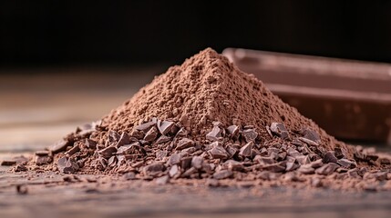 Poster - Piled cocoa powder and chocolate chunks arranged on a wooden surface : Generative AI