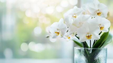 Poster - Elegant white orchids delicately arranged in a glass vase bringing freshness to the indoor space : Generative AI