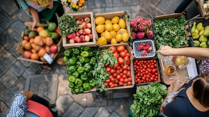 Poster - Colorful fruit and vegetable market display with fresh produce seen from above : Generative AI
