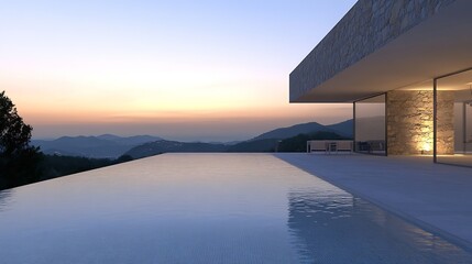 Poster - Modern architectural design of luxury home overlooking serene landscape at sunset : Generative AI