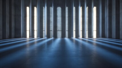 Aufkleber - Minimalist interior space with dramatic light beams falling over smooth concrete floor creating a serene ambiance : Generative AI