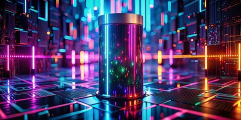 Wall Mural - futuristic neon code cylinder on digital surface: abstract fashion photography