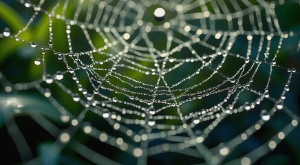 Close-up of a dew-covered spider web capturing light and texture