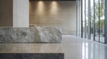 Poster - Modern minimalistic interior with stone bench and large glass windows highlighting natural light and design : Generative AI