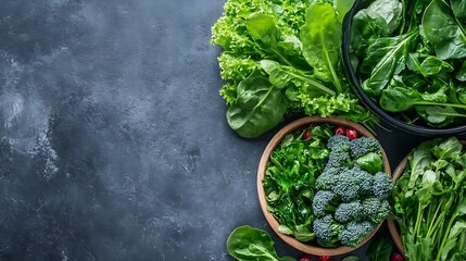 Poster - Fresh Organic Greens Displayed in Bowls on a Rustic Surface : Generative AI