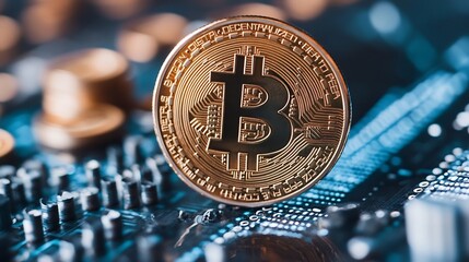 Leinwandbilder - Closeup of a Bitcoin Coin on Digital Technology Background : Generative AI