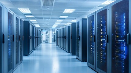Fototapete - Hightech server room with multiple racks of servers glowing in a modern data center environment : Generative AI