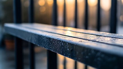 Poster - Closeup view of a damp wooden bench glinting in the early morning light with background blur : Generative AI