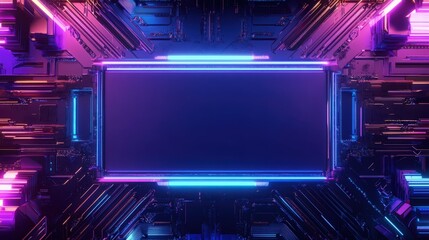 Wall Mural - vibrant neon background with futuristic circuit design and blank center panel, ideal for sci-fi proj