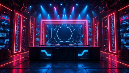 Wall Mural - control room with neon lighting and multiple screens for modern technology