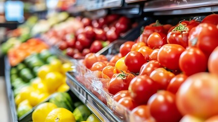 Poster - Fresh vibrant tomatoes piled in a grocery store display promoting healthy eating options : Generative AI