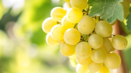 Aufkleber - Fresh ripe yellow grapes hanging elegantly on vine branches in a bright and sunny vineyard environment : Generative AI