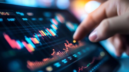 Aufkleber - Close up view of a person using a tablet to analyze financial market data with colorful graphs and charts : Generative AI