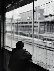 Aufkleber - Contemplative figure gazing out through urban windows reflecting a moody cityscape in black and white : Generative AI