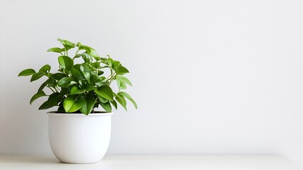 Poster - Vibrant Green Indoor Plant Potted in a Modern White Pot Against a Light Neutral Wall : Generative AI