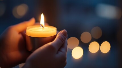 Poster - Warm candle glowing in hand creating a serene atmosphere with soft bokeh background : Generative AI